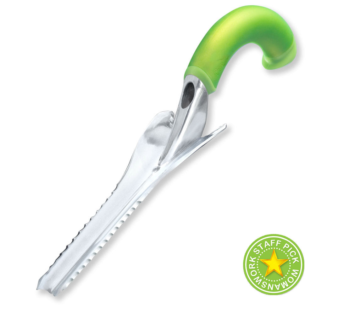 Gardening tool with green handle on a white background