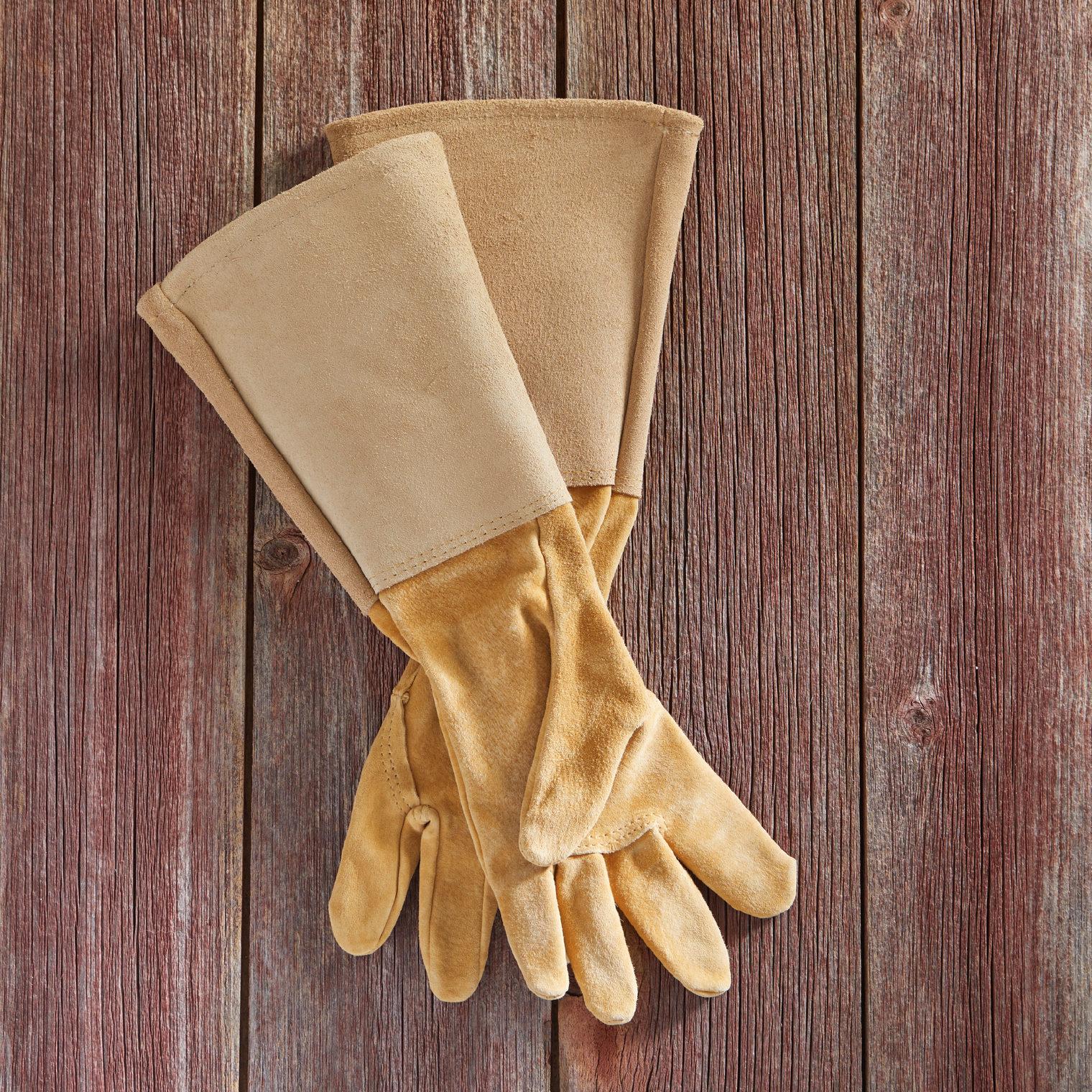 Pair of beige gloves on a wooden background