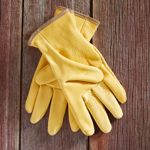 Pair of yellow gloves on a wooden surface