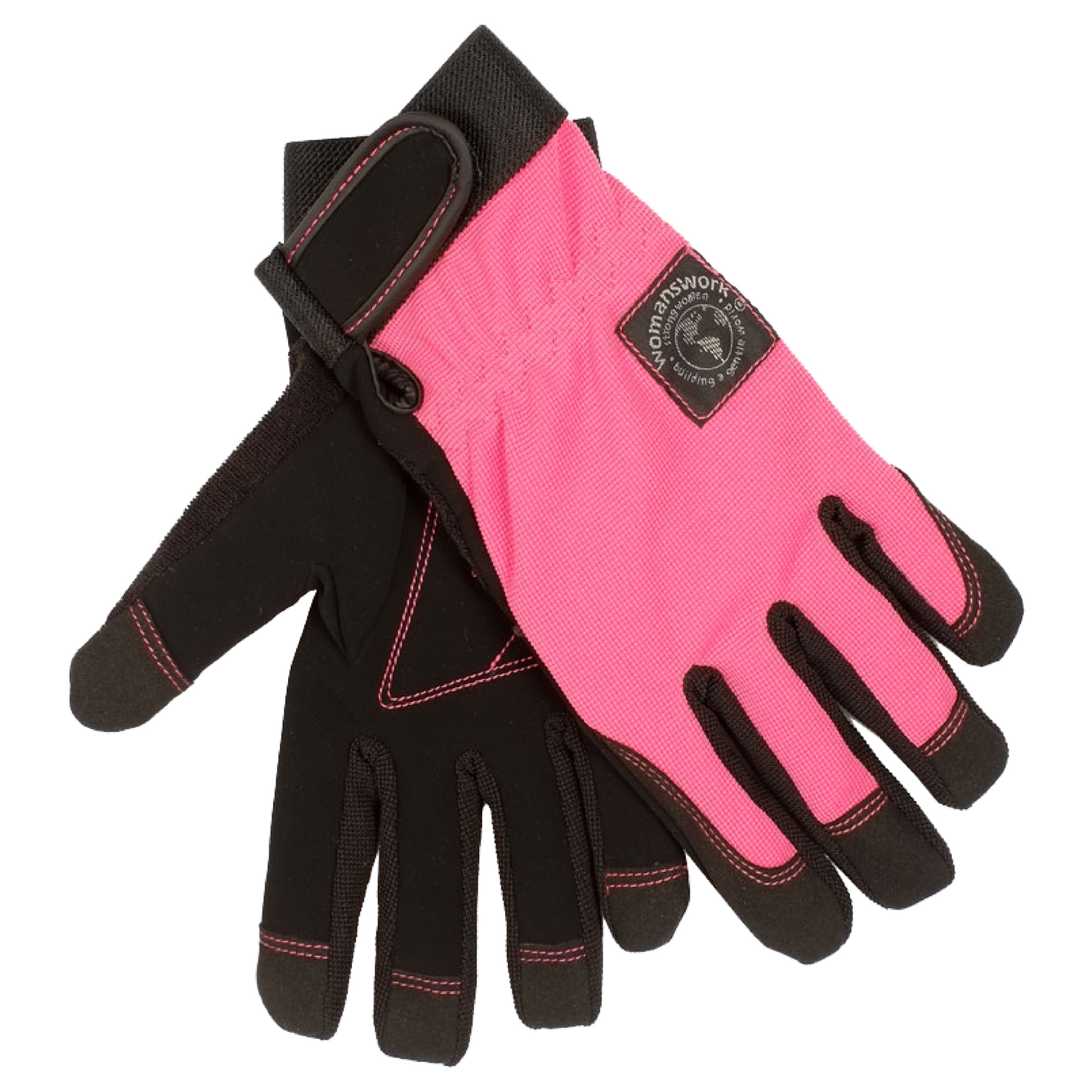 Pair of pink and black gloves with a WW logo on a white background