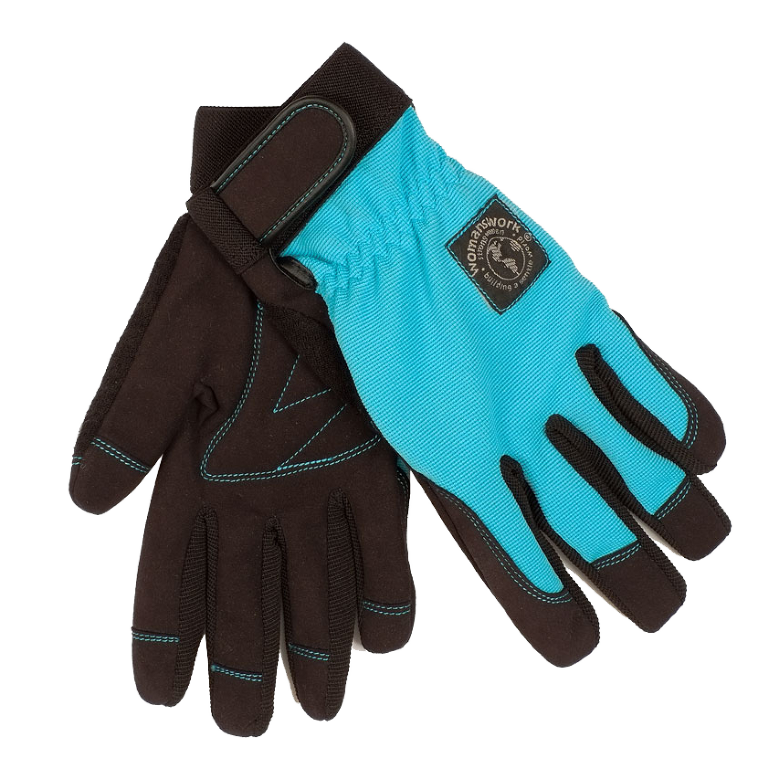 Pair of teal gloves with a WW logo on a white background