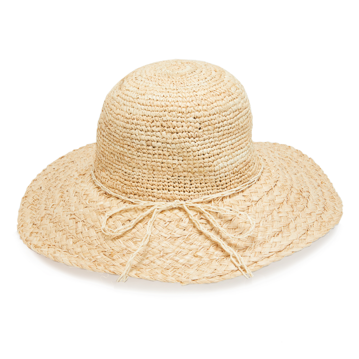 Beige straw hat with a wide brim on a white background