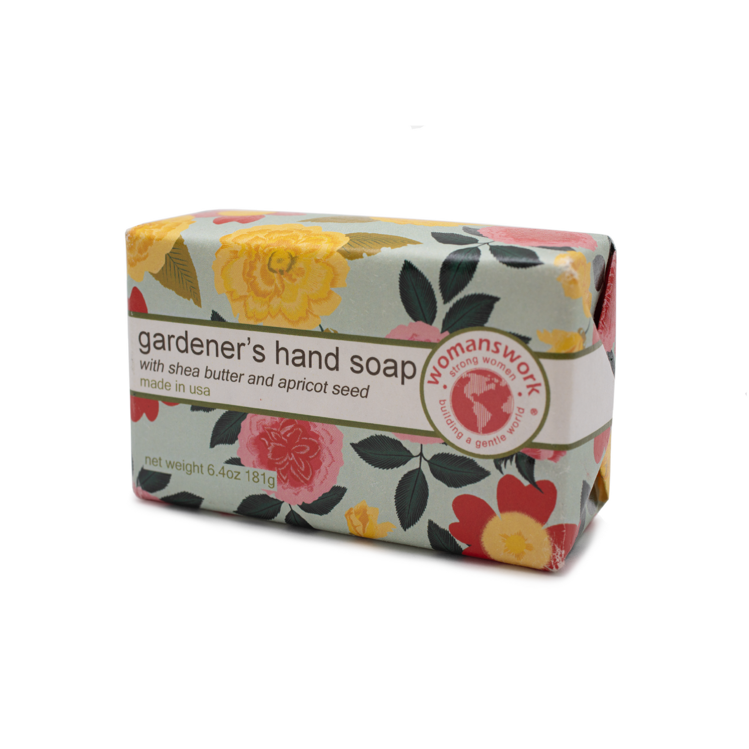 Bar of soap with floral packaging and 'Womanswork' branding on a white background