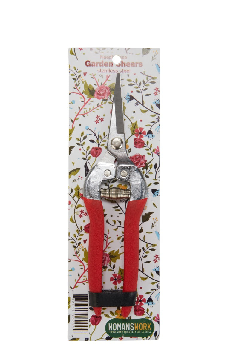 Garden shears packaging with floral design on a white background