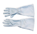 Pair of light blue gloves on a white background