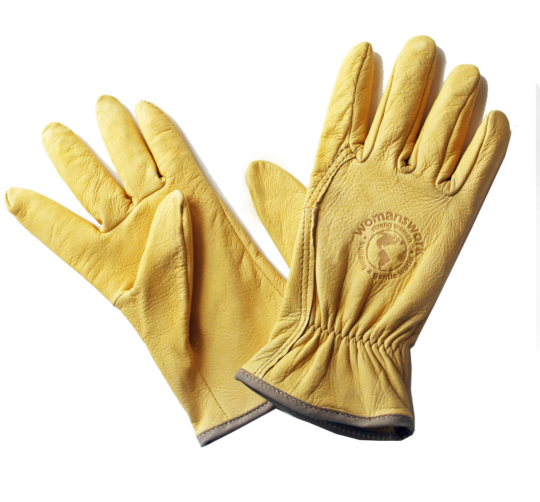 Pair of yellow gloves with a brand logo on a white background