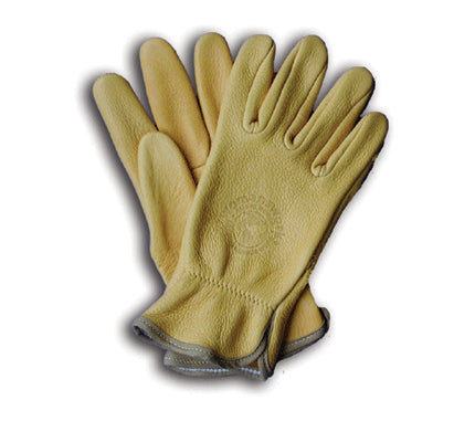 Pair of beige work gloves on a white background