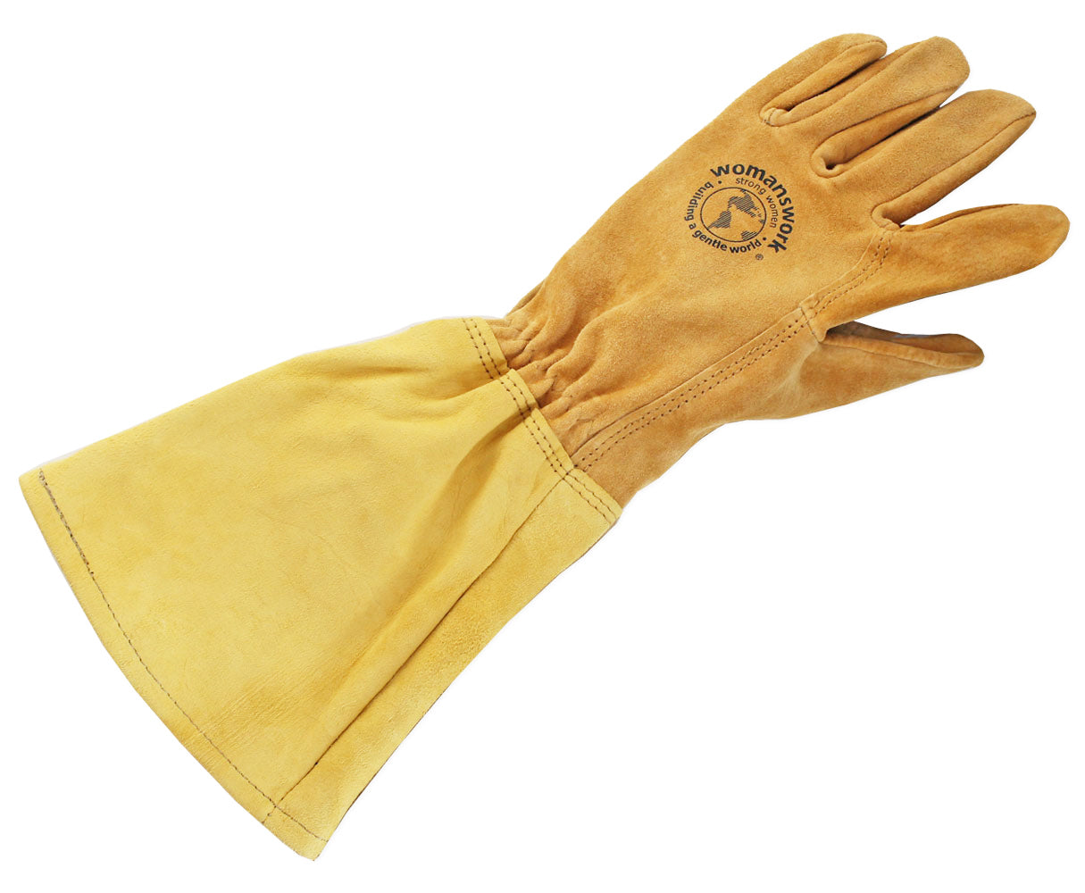 Yellow leather glove with a brand logo on a white background