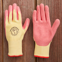 A pair of pink latex gloves