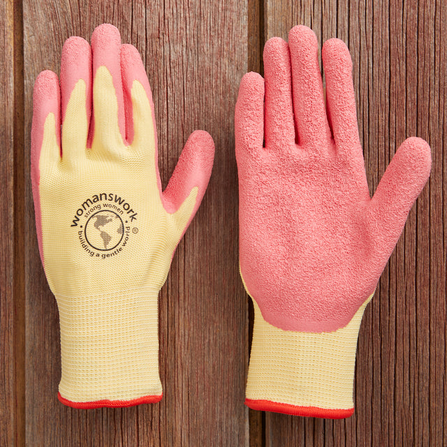 A pair of pink latex gloves