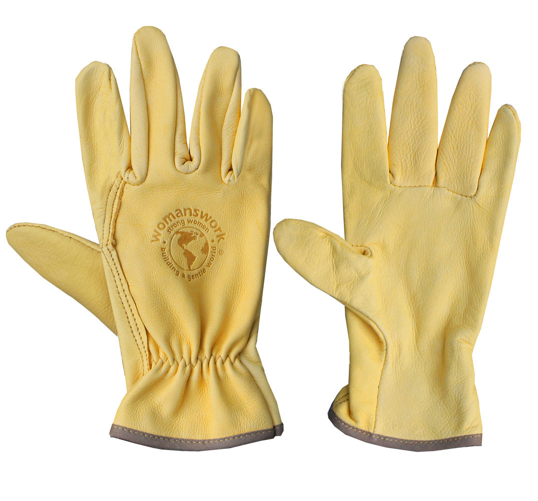 Pair of yellow work gloves with 'Humanswork' logo on a white background