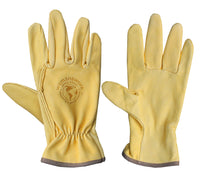 Pair of yellow work gloves with 'Humanswork' logo on a white background