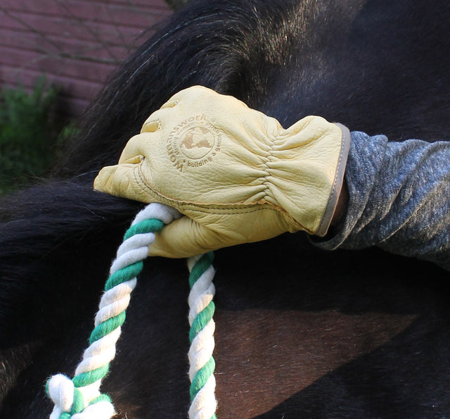 Hand wearing a yellow glove holding a rope attached to a horse's tail.