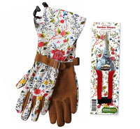 Floral-patterned gardening gloves with brown leather accents and a matching shears set on a white background.