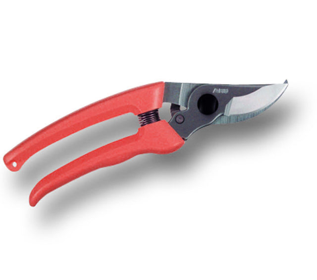 Red-handled pruning shears on a white background