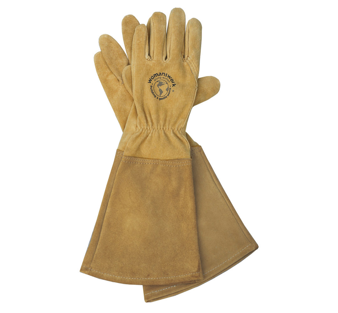 Pair of tan leather gloves with a brand logo on a white background