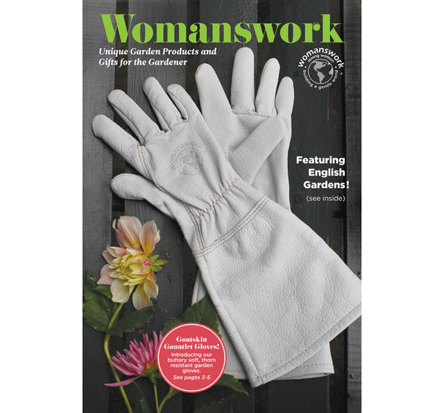 Gardening glove with 'Womanswork' branding and text about garden products on a magazine cover.