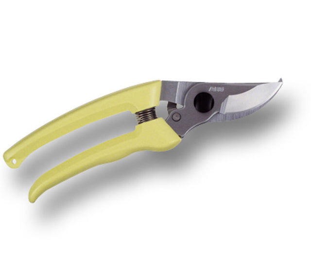 Gardening shears with yellow handles on a white background